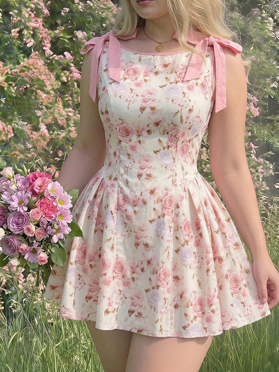 SHEIN MOD 大码优雅印花蝴蝶结装饰腰部无袖短连衣裙，夏季