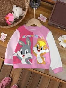 LOONEY TUNES X SHEIN 女嬰圓領字母卡通圖案拼色休閒日常長袖運動衫 - 白色 - 查看 7