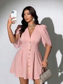 Viva Relle Plus Size Women's Spring/Summer New Arrival Elegant Sophisticated Lightweight Luxury Style Beige Apricot Cape Sleeve Dress, V-Neck Metal Buckle Waist Cinched Slimming Short Skirt. Suitable For Office Commute, Business Dating, Urban Streetwear, Sophisticated Lightweight Luxury Fashion Apparel, Minimalist Fashion Plus Size Women's Clothing. - Pink - View 3
