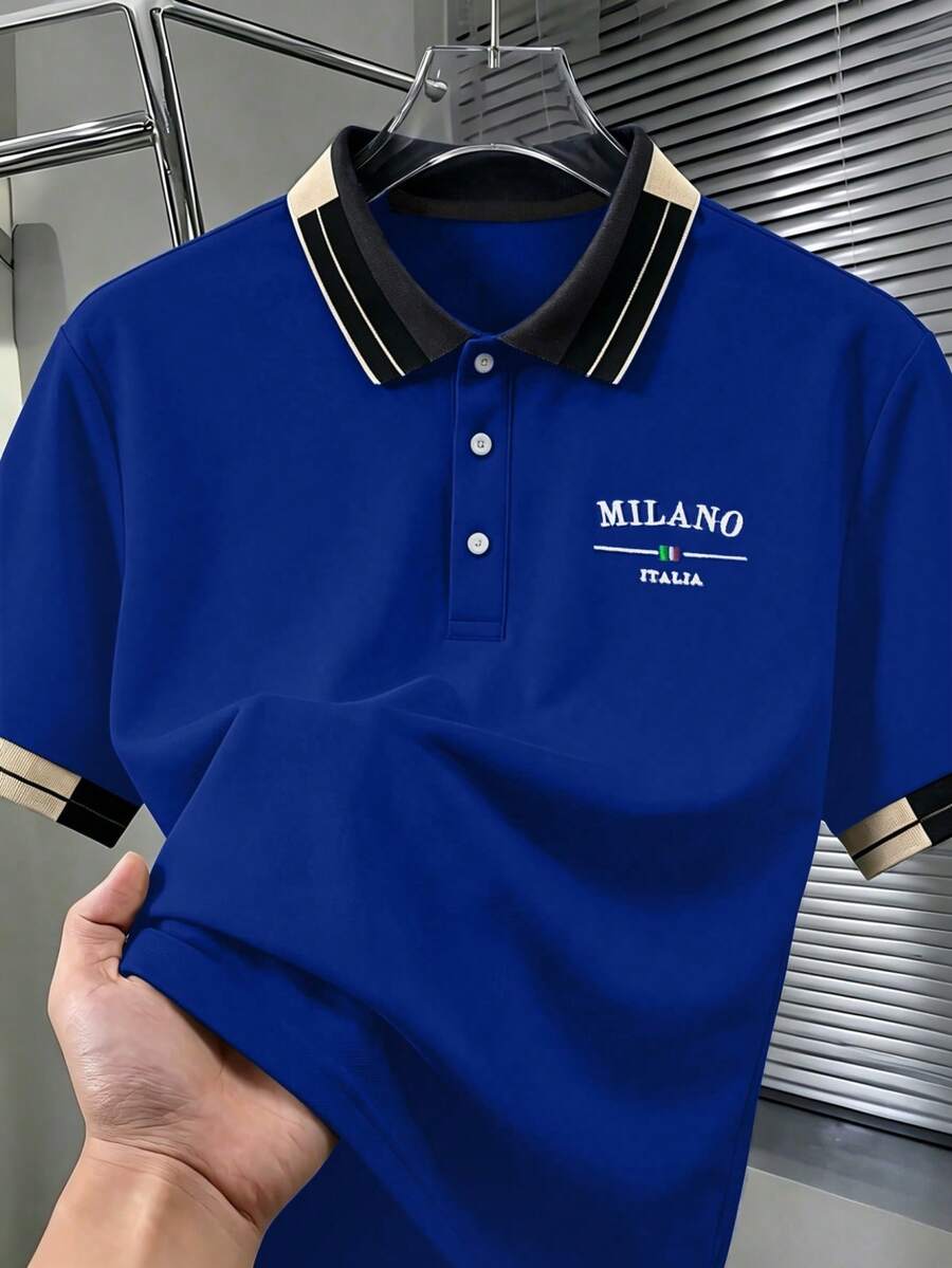 Calvornis 男士珠飾刺繡羅紋領短袖休閒 Polo 衫 - 寶藍色 - 查看 1