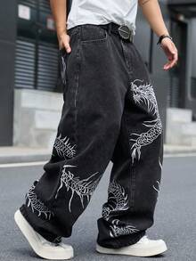 Manfinity EMRG 男士街頭風休閒刺繡黑色牛仔褲 - 黑色 - 查看 6