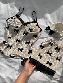Comfortcana 蝴蝶结印花系带撞色蕾丝天鹅绒套装，白色蝴蝶结套装，秋冬服装，舒适 - 白色 - 查看 8