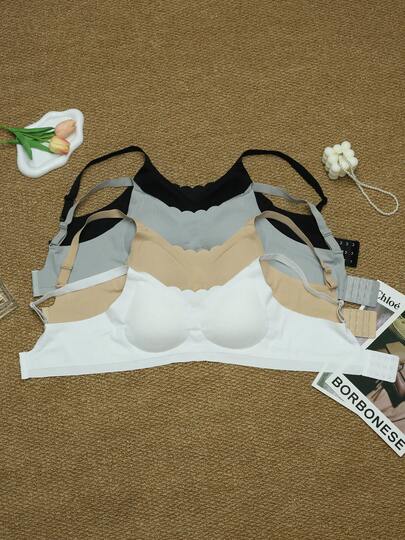 Sujetador de mujer con escote en V, rayas, ribete ondulado, tirantes ajustables sin aros, sujeción de una sola pieza, efecto push-up, diseño transpirable, conjunto de cuatro colores.