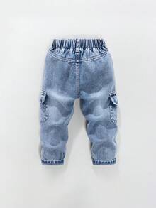 Genkimix Kids Young Boys Casual Sports Cargo Style Denim Jeans 1pc Medium Blue Washed Denim Double Side Large Pockets Elastic Waist Straight Leg Tapered Loose - Light Wash - View 3