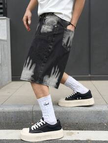 GALLERY FADE Denim Button Zipper Pocket Finger Pattern Shorts - Black - View 3
