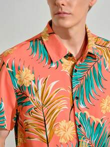 VeloEdit Loose Fit Tropical Print Shirt For Men, No Tee Long Sleeve - Orange - View 6