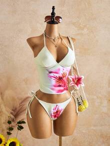 Swim Glamine Summer Sweet Sexy Tropical Cherry Plaid Tank Bikini Set Beach Party White Floral - Light Yellow - View 3