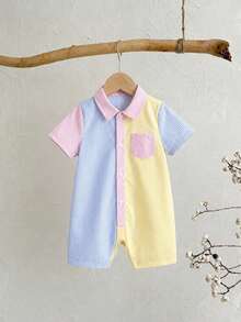 SHEIN Baju Terusan Bayi Laki-laki/Perempuan Motif Garis-garis Warna-warni dengan Kantong dan Kerah, Lengan Pendek, Cocok untuk Dipakai di Musim Semi/Panas - MultiWarna - View 8