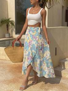 DAZY Women's Elegant Chiffon Floral Print Ruffle Hem Mid-Length Skirt, Suitable For Summer,Back To School Clothes Vacation Easter Boho - Green - View 14