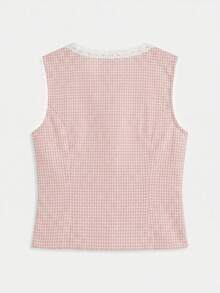 lacRébo Pink Plaid Lace Trim Sleeveless Top, Deep V-Neck Front Button Design - Pink - View 7