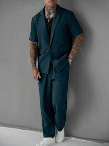 SLATEMANN 男士舒適純色布料大領單扣雙口袋短袖襯衫搭配抽繩鬆緊腰長褲套裝，休閒度假、朋友約會、雞尾酒會、沙龍、聚會、日常辦公、極簡商務，特別適合春夏穿著，適合自穿或送給朋友 - 墨綠色 - 查看 5