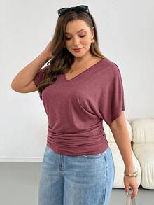 Shapeblank Plus Size Women Solid Color V-Neck Pleated Casual Versatile Daily Wear T-Shirt Club Formal Dark Purple Summer - Burgundy - View 5