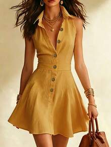 EMERY ROSE Women's Solid Color Button Casual Daily Wear Dress - Yellow - View 3