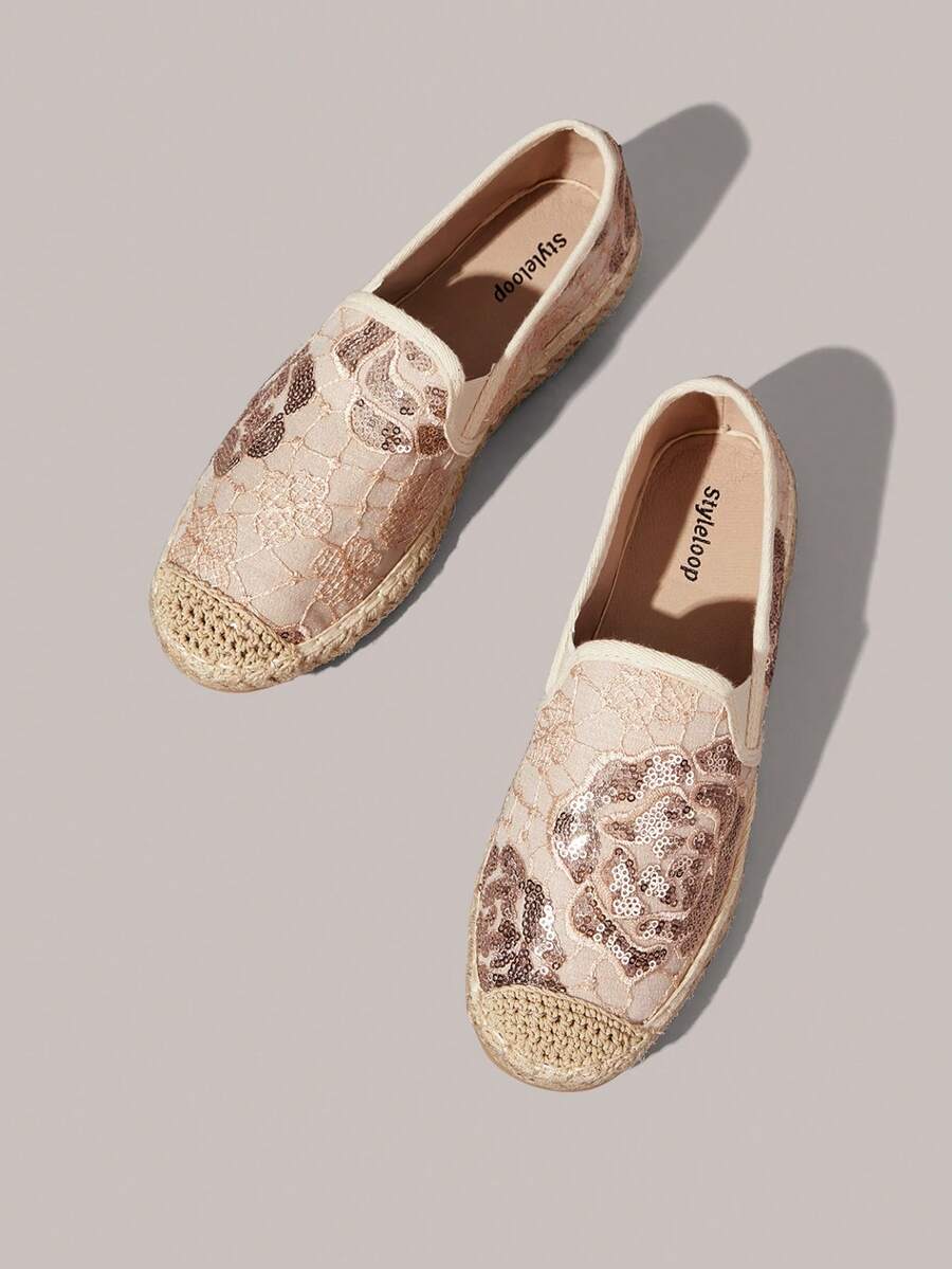 Styleloop Zapatos de mujer color nude claro con malla, lentejuelas y bordados, punta redonda, zapatos planos, estilo suave e idílico, modelos de primavera y verano, adecuados para uso diario, viajes y vacaciones - Albaricoque D - Ver 1