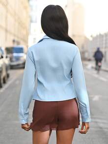Mima John Fashionable Textured Contrast Color Button Fitted Waist Flattering Striped Collar Long Sleeve Blouse For Women - Blue - View 2