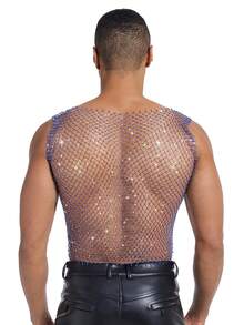 DSELFIQUE Camiseta de tirantes de malla plateada con strass para hombre, corte regular - azul real - Ver 2