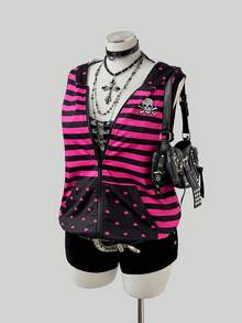 Sunspun Plus Size Spring/Summer Striped Patchwork Hooded Sleeveless Kangaroo Pocket Sweatshirt - Multicolor - View 4