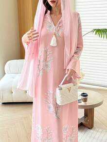Al Najma Floral Print Decorated Tassel Women's Turkish Kaftan & Arabic Traditional Long Shirt - Pink - View 8