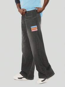 FORM&CHAOS Men's Vintage Streetwear Washed Embroidered Long Denim Jeans Back-To-School - Black - View 3