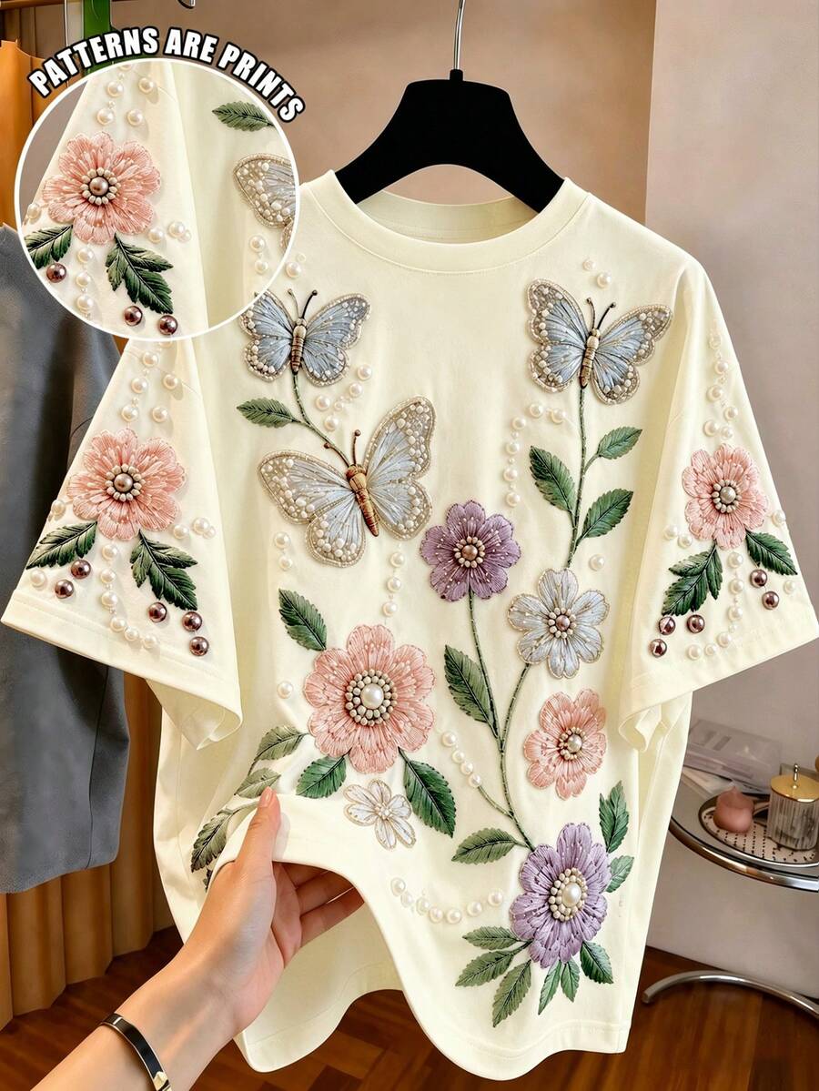 Maglietta casual per ragazze pre-adolescenti con motivo cartoni animati fairycore, maniche corte, spalle cadenti, vestibilità ampia, adatta per feste del tè estive, colori pastello - Bianco - Visualizzare 1