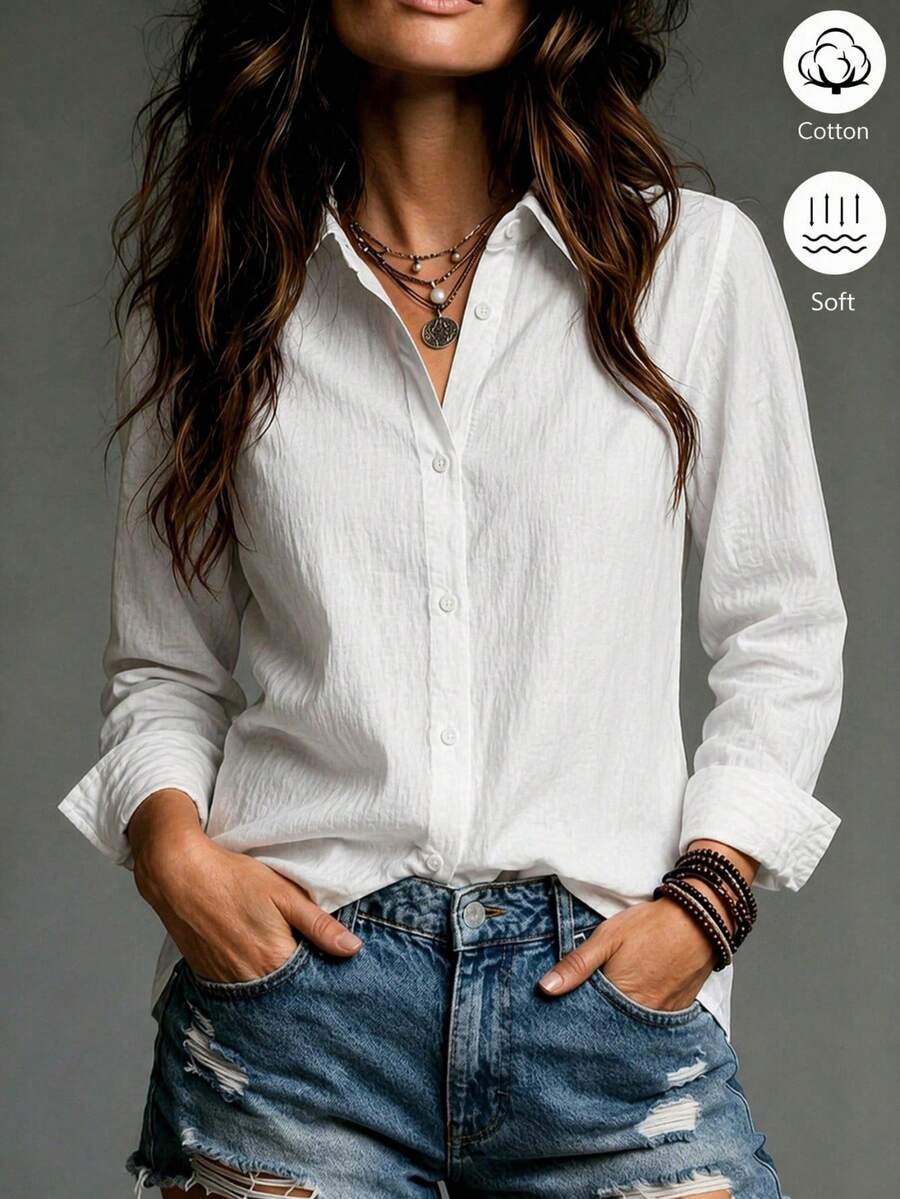 SHEIN 女款休閒通勤單排釦長袖素色襯衫 - 白色 - 查看 1