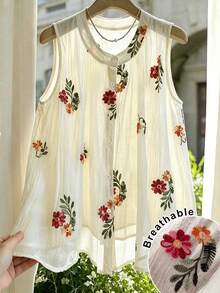 Airaco Blouse sans manches à fleurs 3D brodées avec détails de conception, grande taille - Beige - Voir 1