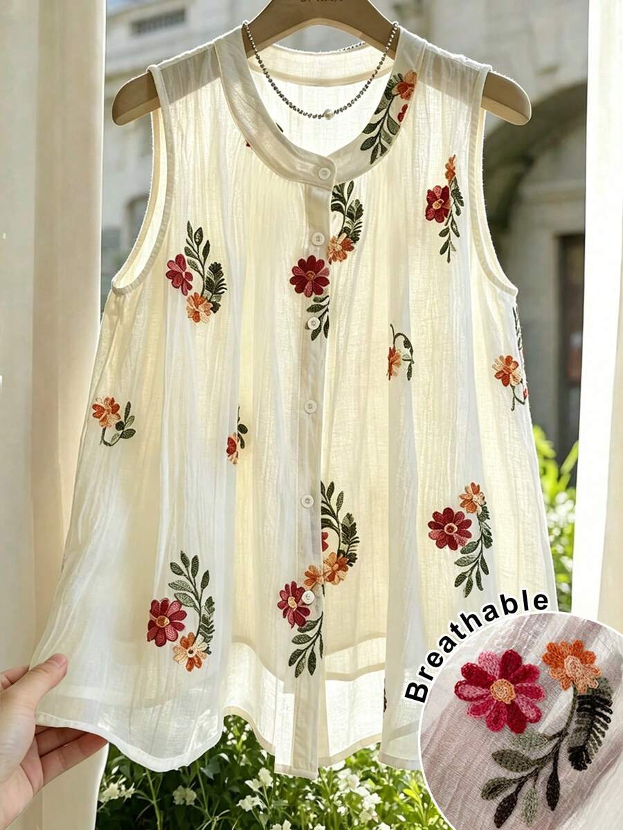 Airaco Blouse sans manches à fleurs 3D brodées avec détails de conception, grande taille - Beige - Voir 1