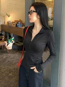 DAZY 女士常规版型休闲运动拉链飞行员夹克，春秋季女装外套 - 黑色 - 查看 7