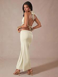 Hauture Women's Solid Color Ruched Halter Top And Skirt Casual Daily 2-Piece Set - Yellow - View 3