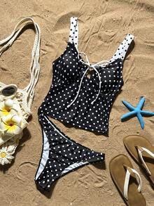 Bellisia Bikini de dos piezas con lunares negros & blancos, traje de baño estilo camisola con cordón francés, traje de baño de 2 piezas para vacaciones en la playa - Blanco y Negro - Ver 4