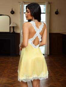 Seduluxe 1pc Pale Yellow Silky Touch + Lace Strap Women's Nightgown - Yellow - View 3