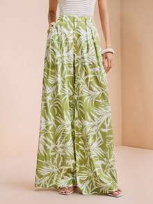 Breezaya Women's Woven Casual Hawaiian Cute Floral Wide Leg Pants Vacation Beach Green And White Autumn - Multicolor - View 1
