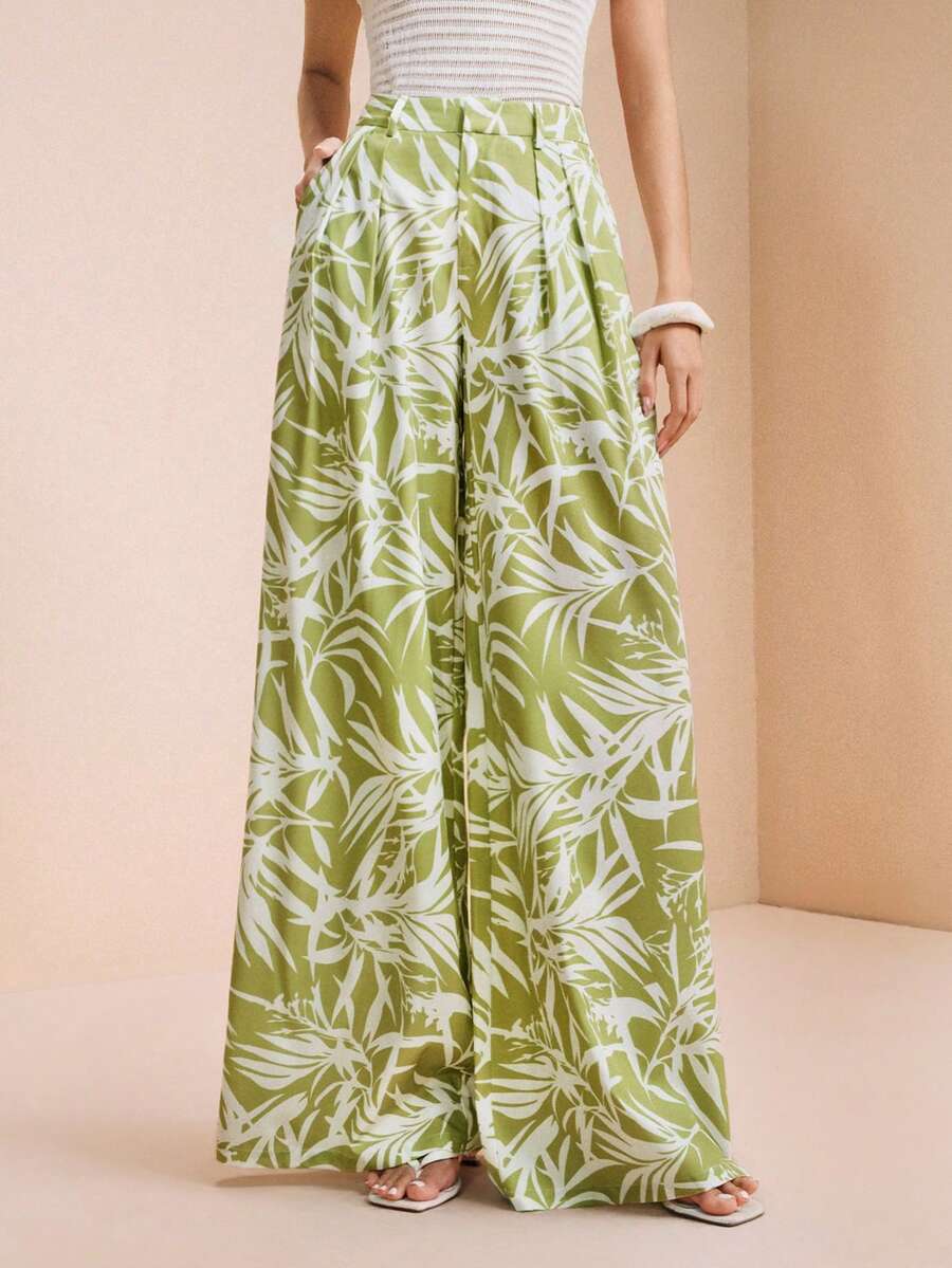 Breezaya Women's Woven Casual Hawaiian Cute Floral Wide Leg Pants Vacation Beach Green And White Autumn - Multicolor - View 1