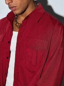 Modcrash Men's Khaki Business Casual Long Sleeve Shirt, Solid Color Versatile Long Sleeve Button-Down Shirt - Burgundy - View 9