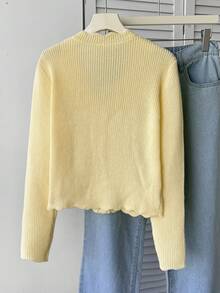 SHEIN 青少年女孩時尚休閒純色針織開襟衫 - 黃色 - 查看 2
