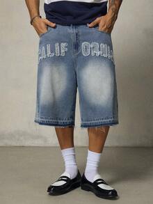 FRESIVO Pantalones de longitud media para hombre con lavado vintage, azul, patchwork, bordado y borlas - Azul - Ver 4