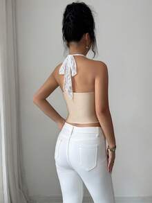 SHEIN Clasi Women's Fashion Halter Neck Tie Strap Open Shoulder Lace Patchwork Twisted Chest Design Elastic Slim Fit Glossy Tank Top, Summer Elegant Sexy White - Champagne - View 2