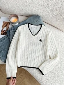SHEIN 1件女款毛衣，時尚復古麻花編織，黑色飾邊修身百搭V領，小馬刺繡圖案，極簡休閒風，適中厚度整齊下擺，適合日常穿著、外出、戶外聚會、派對等，秋冬穿搭 - 白色 - 查看 7