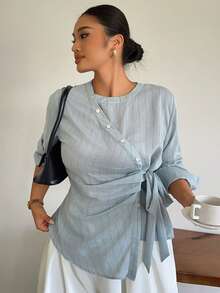 Dazy Plus Blue Striped Asymmetrical Placket Tie-Front Casual Fun Commuter Long Sleeve Spring Autumn Shirt - Baby Blue - View 2