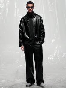 IRON GLYPH Men's Cropped Long Sleeve Leather Jacket Zip Ups Men Motorcycle Jackets Black Crop For Up Techwear Fall Winter - Black - View 7