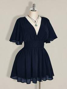 SHEIN ICON 大尺碼荷葉袖V領收腰A字洋裝，適合海灘度假、波希米亞風、嬉皮風、Y2K，適用夏季、夏季假期、情人節、優雅約會洋裝 - 藏蓝色 - 查看 5
