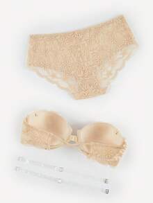 Bralution Women's Floral Lace Underwire Push-Up Strapless Bra And Panty Set - Apricot - View 12