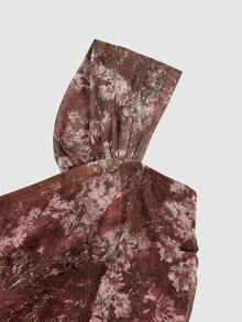 SHEIN MOD 露肩棕色花卉印花復古性感仙女風短版大尺碼女款上衣，適合早午餐、度假、夏季 - 紅木色 - 查看 5