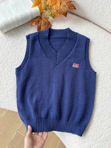 SHEIN 青少年女孩皇家藍V領針織背心，附美國國旗刺繡，柔軟舒適，適合日常穿著、外出、旅行、度假、居家、托兒所與玩耍 - 藏蓝色 - 查看 5