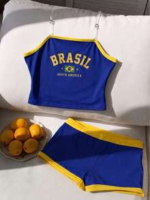 Girls Y2K Back To School Beach Summer Yellow White Set /Set - Royal Blue - View 5