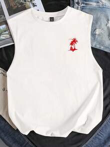 Manfinity Joysei Camiseta sin mangas casual de vacaciones para hombre talla grande con estampado de árbol de coco - Blanco - Ver 2