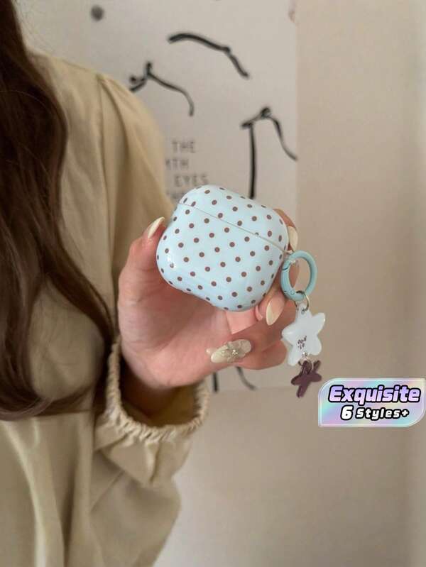 Retro Blue Polka Dot Wireless Earbuds Case With Flower Charm, Pastel Protective Cover For Gen 1/2/3/4 & Pro Series