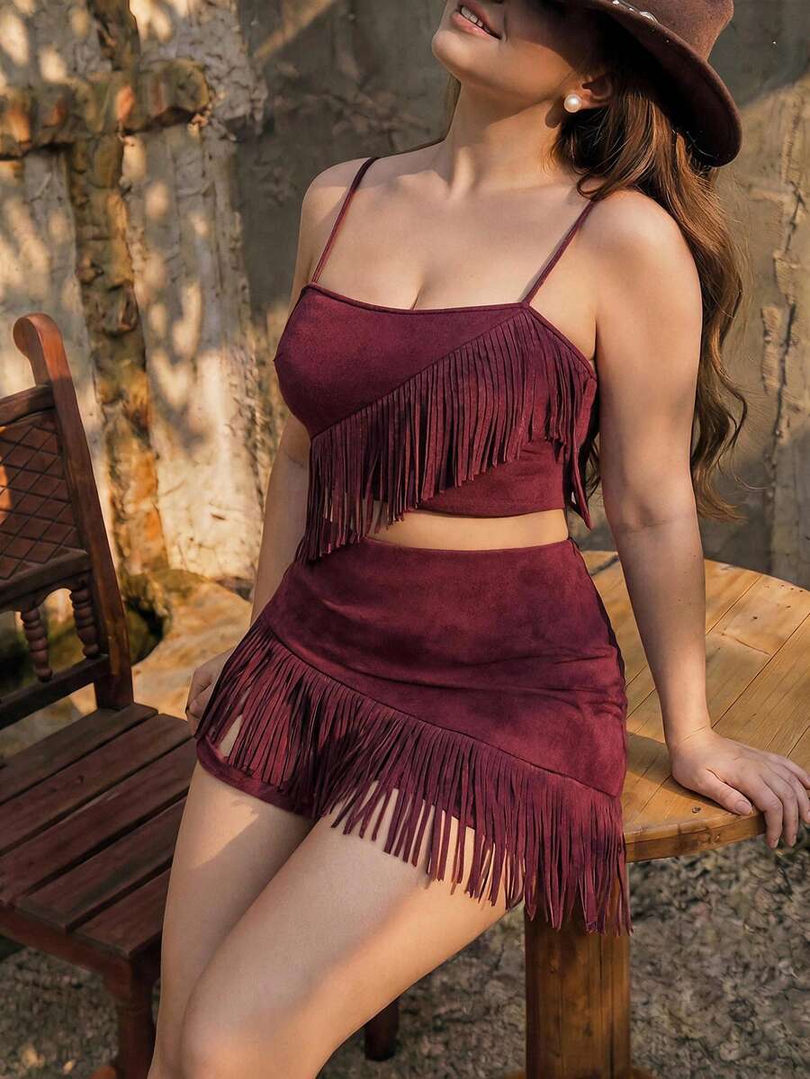 SHEIN MOD 大码女式棕色麂皮流苏两件套,音乐节服装,西部风格服饰 - 酒紅色 - 查看 1