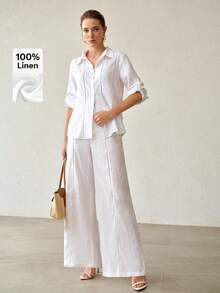 MOTF PREMIUM WOMEN'S SPRING/SUMMER 100% LINEN COMFORTABLE LONG SUIT PANTS - White - View 9
