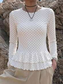 FRIFUL Women's Polka Dot Print Ruffle Hem Long Sleeve Top, Summer Cute Tops - Multicolor - View 11